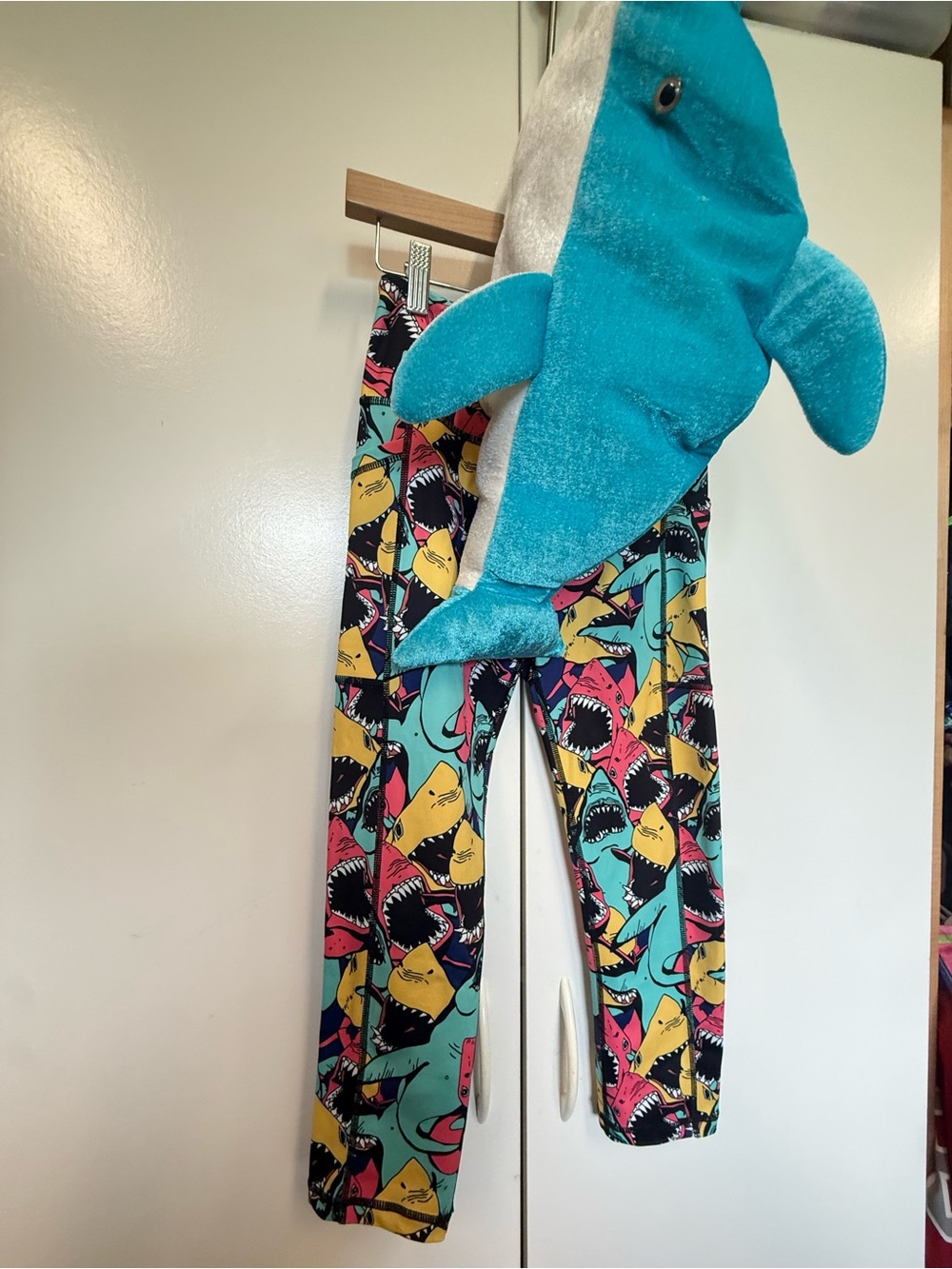 Constantly Varied Gear Shark-Print Leggings with shark hat. Family by costume